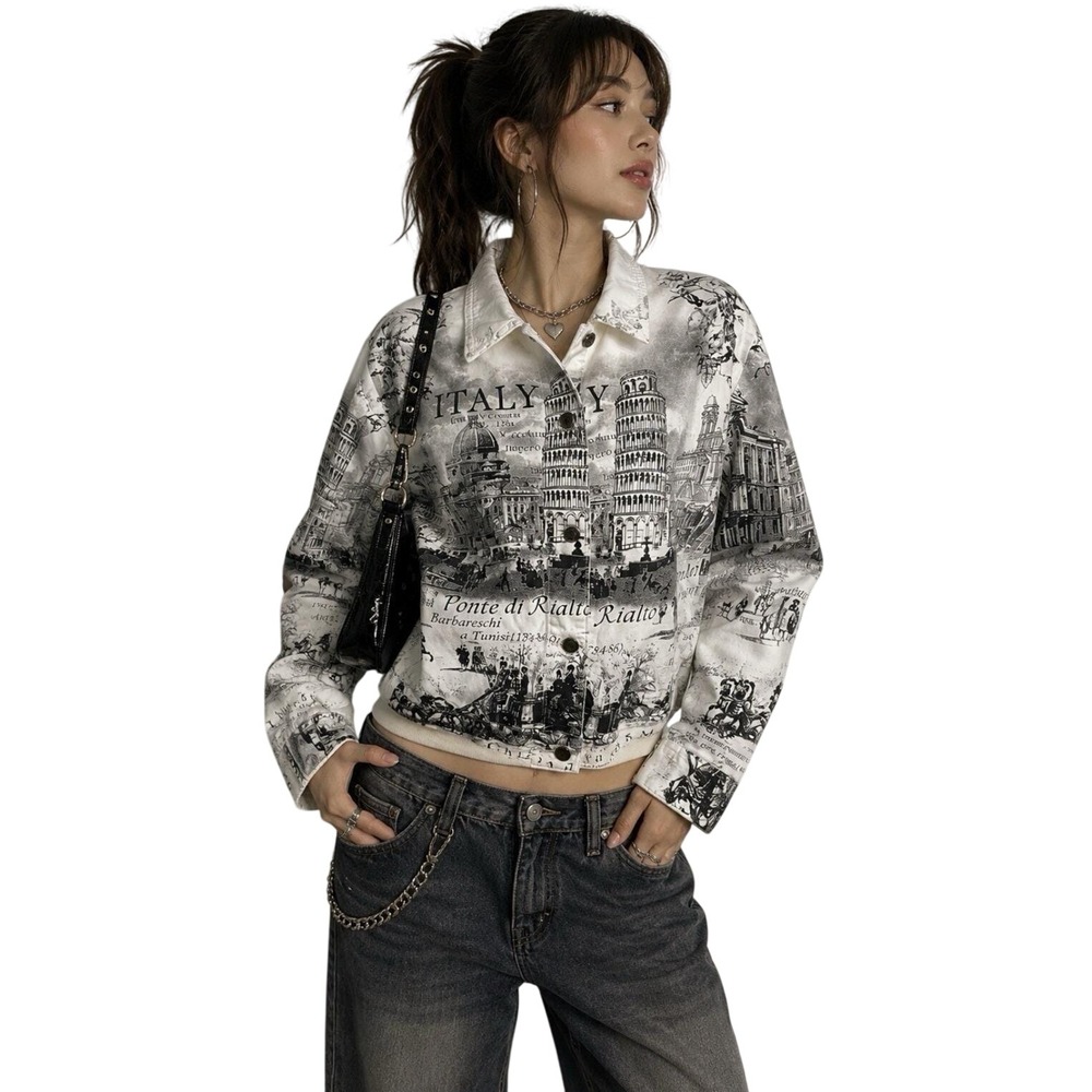 Vtg Y2K‎ IMPULSE California   Cropped Italy Rome Scenes  Travel Jacket Large